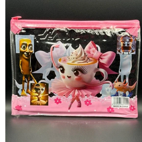 Brainrot‎ Clear Pencil Case Pouch Cute Coffee Cup Ballet Dancer Design Pink Zip