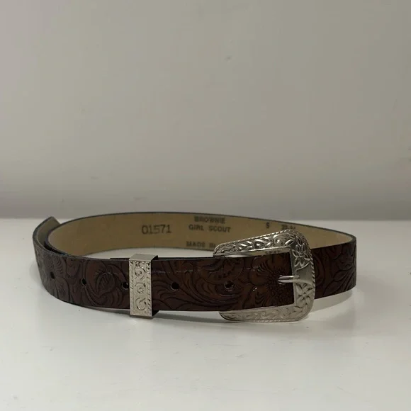 Brownie Girl Scout uniform Brown Bonded Leather Belt with Silver Buckle Small
