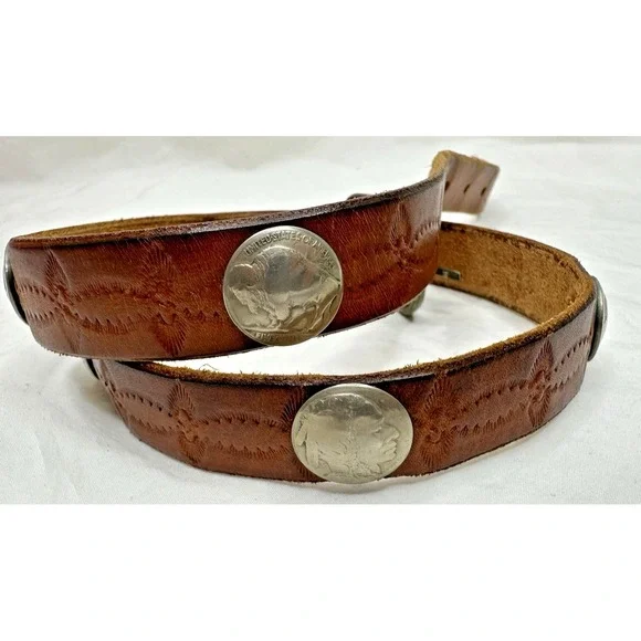 Buffalo Head Nickel Youth Belt 28 Handcrafted Brown Leather Tooled Western Vtg
