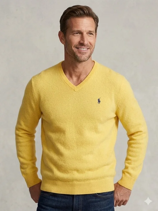 Polo Ralph Lauren 100% Lambswool V-Neck Sweater Old Money Vintage Yellow Knit L
