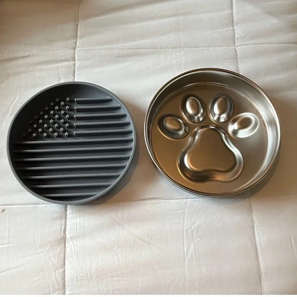 Gray and Silver Dog Paw Print Feeding Bowl