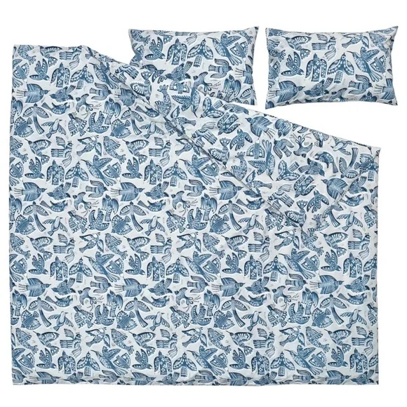 FULL/QUEEN IKEA Bittersota duvet cover & 2 pillow cases w bird design GORGEOUS!