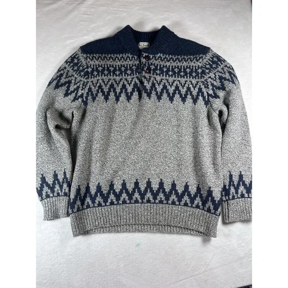 LL Bean 100% Lambswool Fair Isle‎ Nordic Sweater Mens L Gray Blue Wool Pullover