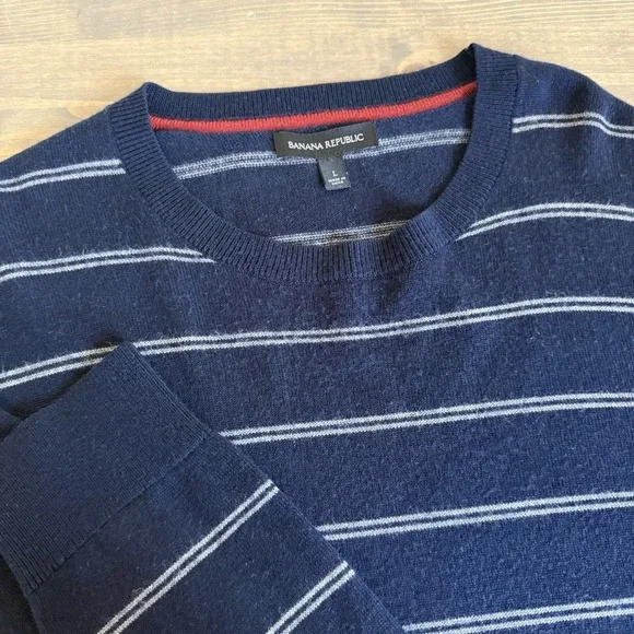 J. Crew Men's‎ Large Navy Blue Grey Stripe Merino Wool Blend Long Sleeve Sweater