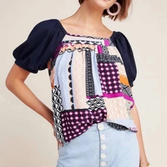 Anthropologie Maeve Blue Patchwork Short Puff Sleeve Popover Blouse Top Size XS