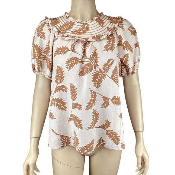 Current Air Anthropologie Womens Top Size XS XSmall Smocked Collar Tan Botanical