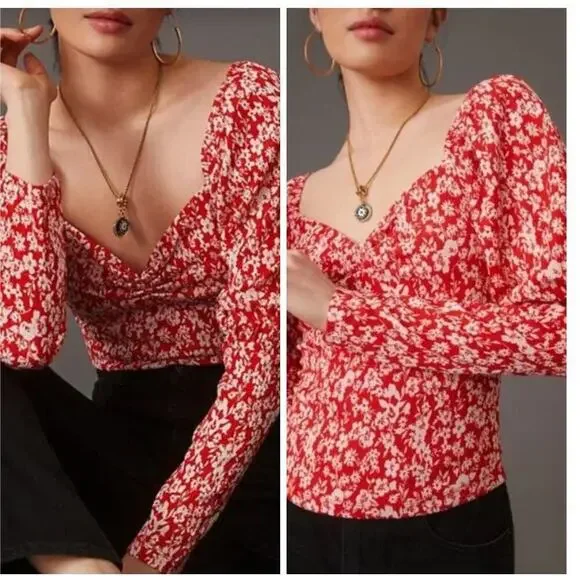 Anthropologie Carmine Red Cropped Juliet Blouse Women's Size Large