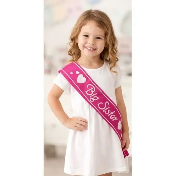 Big Sister Pink Satin Sash Heart Print Party Celebration Accessory