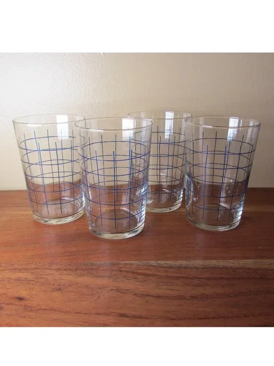 IKEA SPORADISK tumbler glass vintage blue check grid pattern - set of 4 (W6586)