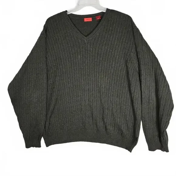 IZOD Men's XXL V-Neck Sweater 100% Cotton Olive Green Ribbed Cable Knit