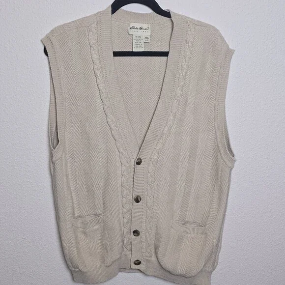 Vintage Eddie Bauer Sweater Vest Men’s Large Beige Cotton Button Front 90s