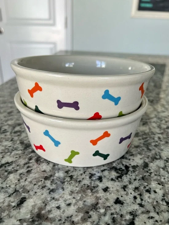 Fido’s Diner Multicolor Bone Pattern Ceramic Pet Bowls - Set of 2. NWOT