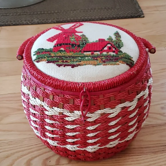 Vintage sewing basket with windmill cross-stitch
