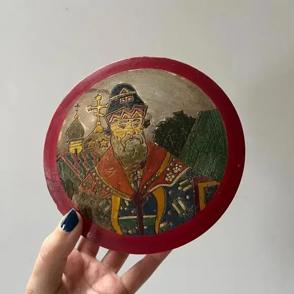 Vintage Red Painted Wooden Trinket Box with Carved Hand-Painted Portrait Lid