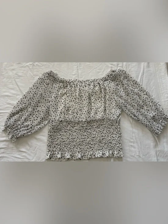 Anthropologie Off Shoulder Smocked Swiss Dot Puff Sleeve Crop Top XL
