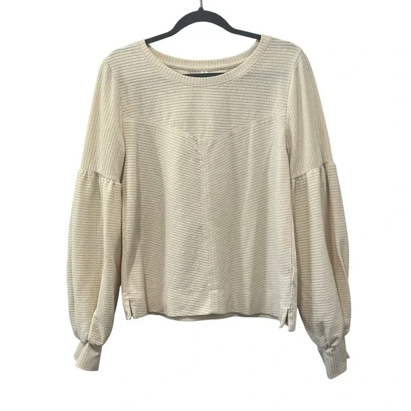 Anthropologie Bayleigh Balloon Sleeve Textured Cropped Top Women Large Cream