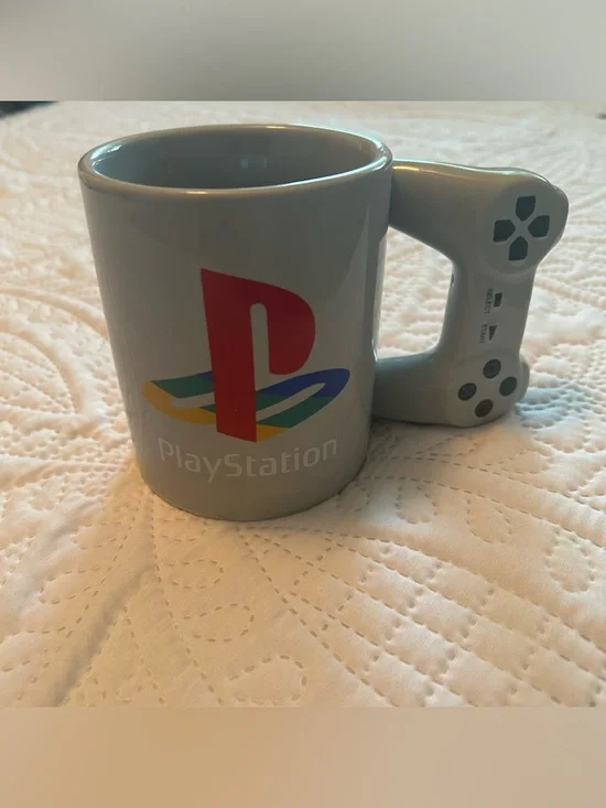 PlayStation Gray Ceramic Mug with Controller Handle and Multicolor Logo