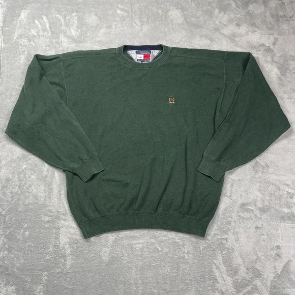 Vintage Tommy Hilfiger Sweater Mens Medium Green Lion Crest Logo Knit Crew Neck