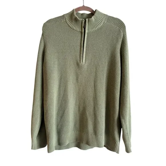 VTG L.L.Bean Men’s Quarter Zip Cotton Sweater Waffle Texture Large Green