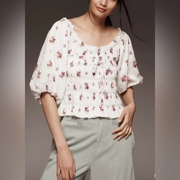 Anthropologie Puff-Sleeve Smocked Floral Blouse, Boho Country Chic Cottagecore