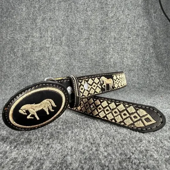 Kids Western Leather Belt Brown Size 24 6-8 Years Embroidered Horse Belt Buckle