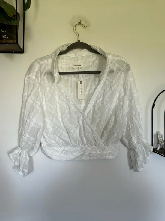 Anthropologie Gauzy Deep V Neck Cropped Long Puff Sleeve Blouse Size Small