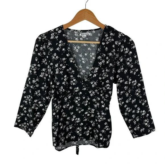 Reformation Black Floral Tie Back Babydoll Blouse Medium Lightweight Feminine