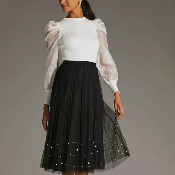 NWT Anthropologie Dolan Left Coast Ribbed Puff Sheer Sleeve Top White Blouse XS
