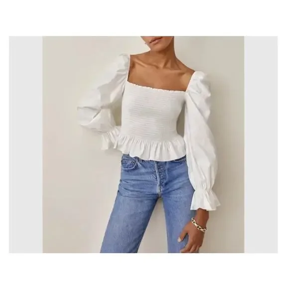 Reformation Darby Top Sz. S White Peplum Puff Sleeves Ruffle Smocked Cotton New