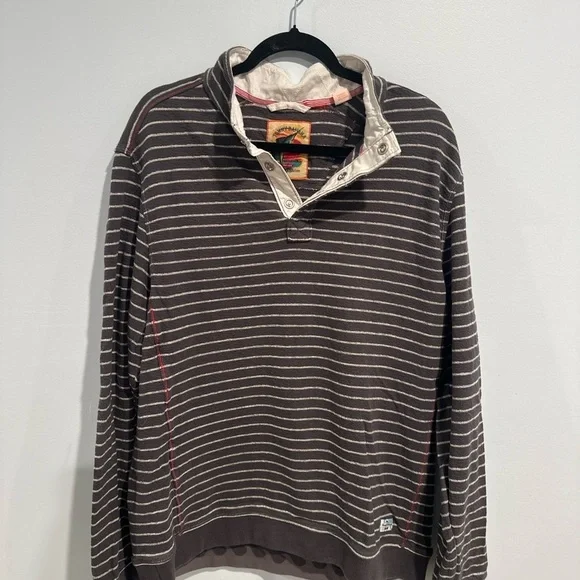 Tommy Bahama Relax Men’s Large Brown Striped Cotton Pullover Quarter Button 🌴🤎
