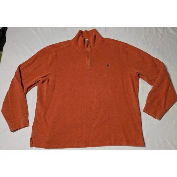 POLO RALPH LAUREN Men XL Blue Pony‎ 1/4 Zip Orange Cotton Pullover
