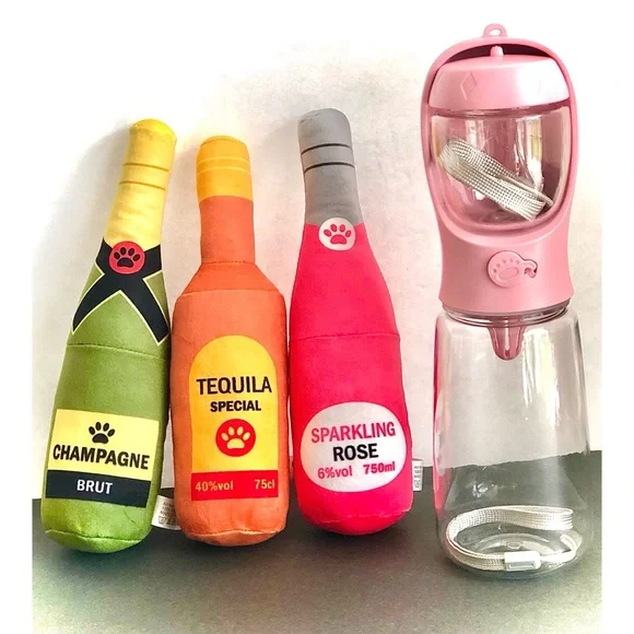 Pets Dog 3 Set Wine Bottle Chewing Toys and Portable Water Bowl/Feeder Set NWT