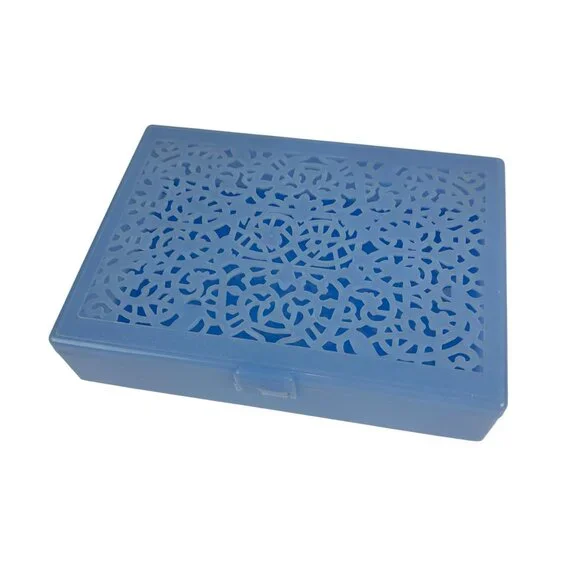 Vintage 60s Plastic Storage Box Baby Blue Cutwork Top Vanity Jewelry Trinkets