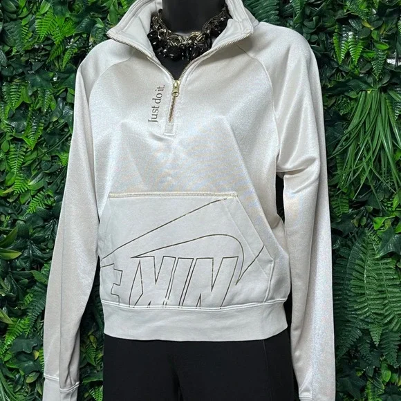 Nike Sweatshirt XS Women's Beige Gold Metallic Pullover‎ Quarter Zip 3527