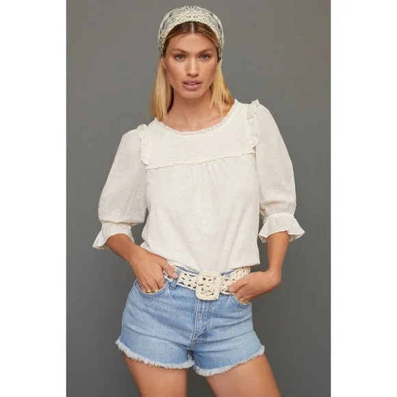 Anthropologie Keri‎ Smocked Top in White Size XS Peasant Cottagecore Feminine