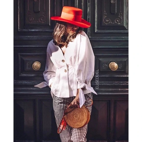 Zara Button-up Blouse w/Bows‎ Linen Puff Sleeve Blouse Pleated Top S classic
