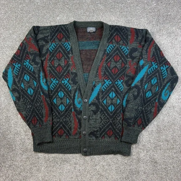 Vintage Sir William Cardigan Sweater Mens XL Tall Blue Geometric‎ Acrylic Knit