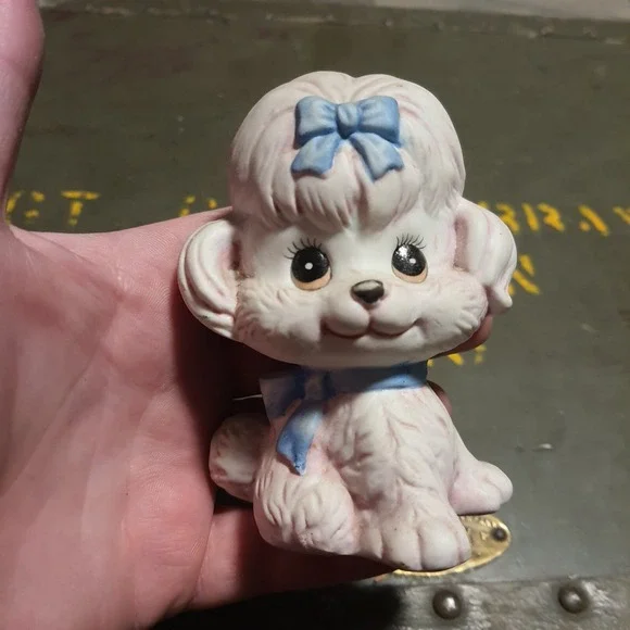 Vintage Ceramic Poodle Dog Figurine Made In Japan MCM Blue Bow Kitsch 3MA-115