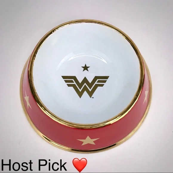 MOSHIQA Red Wonder Woman Dog Bowl Dish Ceramic WW84 22kt Gold Star Christmas