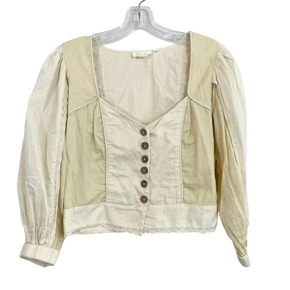 Anthropologie‎ Let Me Be Cream Puff Sleeve Sweetheart Crop Top Buttons - Size XS