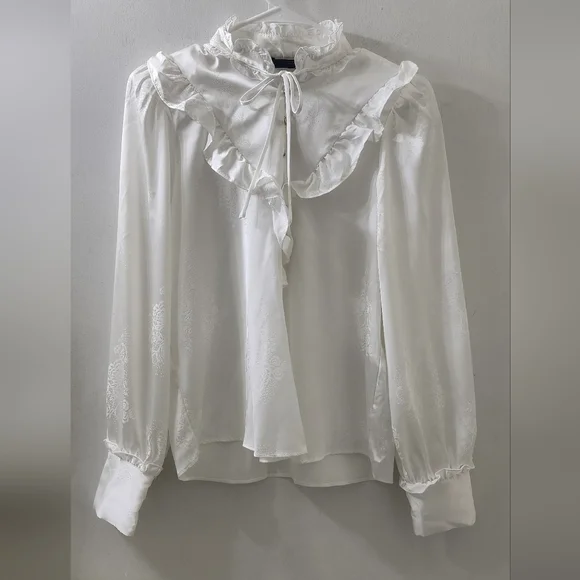 New Zara Women's White Ruffled Tie-Neck Blouse, Size Extra Small.