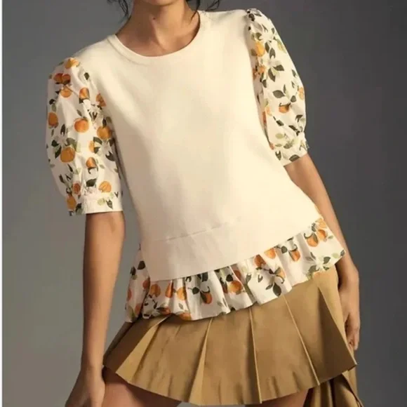 Anthropologie Cream and Orange Floral Puff Sleeve Blouse