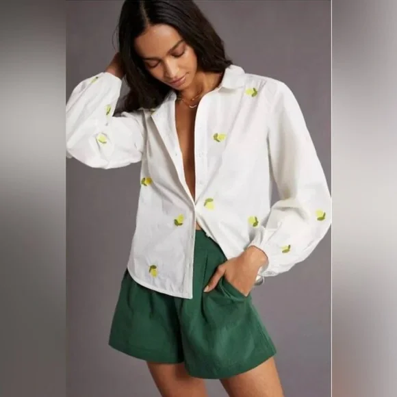 Anthropologie Maeve White Lemon Embroidered puff long sleeve blouse size…