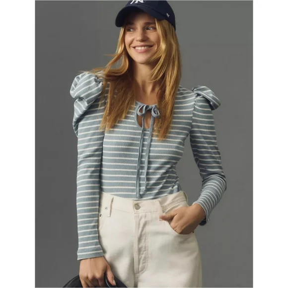 Anthro Porridge Puff Sleeve Striped Ribbed Blue White Top, L