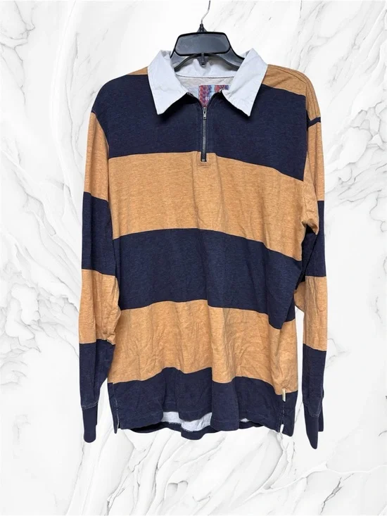 Urban Outfitters Striped Half-Zip Rugby shirt Navy & Tan small
