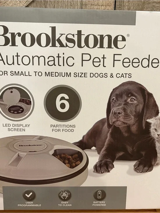 Brookstone Automatic Pet Feeder in Beige and Dark Brown