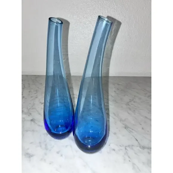 IKEA Blue Glass Bud Vase Lot Of 2 Curved Neck