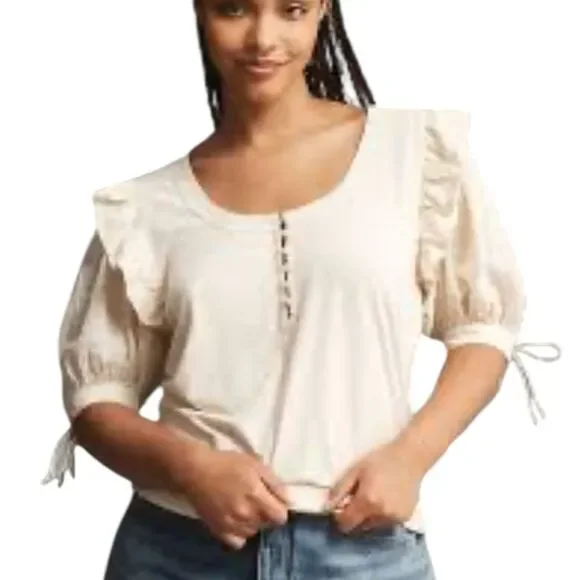 By Anthropologie Embroidered Puff-Sleeve Top XS new with tags
