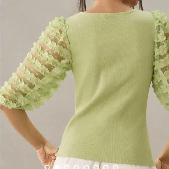 Anthropologie Dolan Top Knitted Puff Sleeve Pullover Beige Sz XL