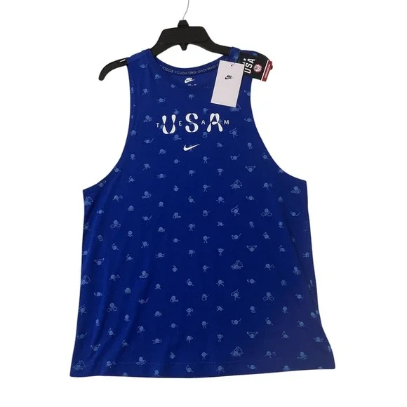 Nike Team USA Olympic Muscle Tank Top Women Medium Blue White All Over Print New